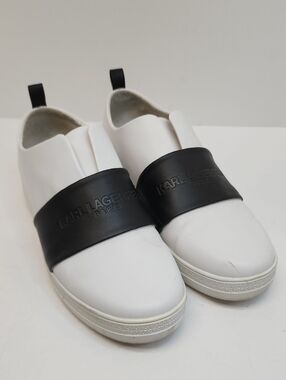 Karl Lagerfeld White Slip On Sneakers Black Logo Band Size 10